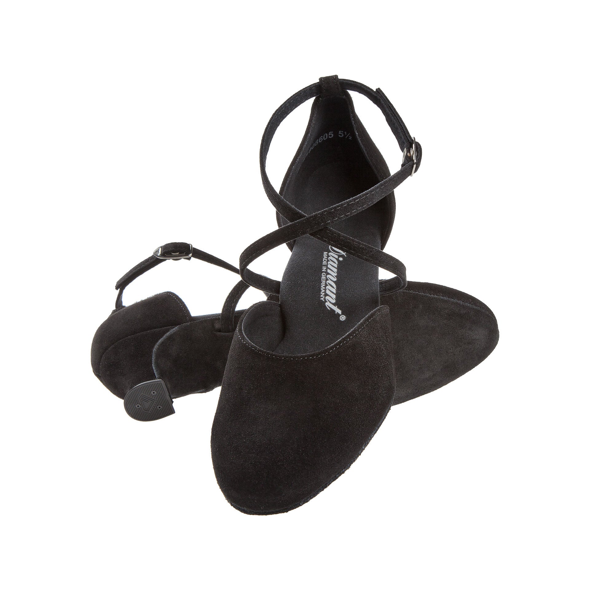 Diamant 048 Damen Tanzschuhe in schwarzem Wildleder mit Kreuzriemen und Knöchelschnallen auf weißem Hintergrund.